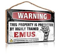 Letrero de madera con texto en inglés "Warning This Property Is Protected By A Highly Trained Emus Wood" (23 x 35 cm)