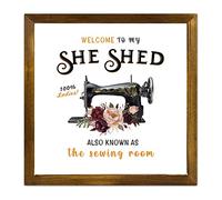 Letrero de madera con texto en inglés «Welcome to My She Shed Also Known As The Sewing Room» para máquina de coser, placa de madera enmarcada con flores rojas, placa de madera retro chic para colgar