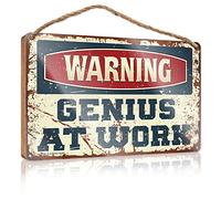 Letrero de madera con texto en inglés "Wood Of I Saw That Funny Door Window Warning Genius At Work", letrero de madera, decoración hippie para casa de lago (15 x 28 cm)