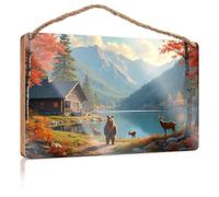 Letrero de madera decorativo frontal con texto en inglés "Autumn Serenity: Cabin by the Lake with Wildlife Wood", decoración de pared al aire libre, decoración de granja para el hogar (15 x 28 cm)