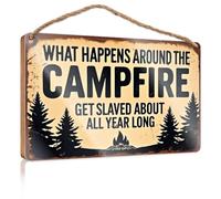 Letrero de madera decorativo frontal con texto en inglés "What Happens Around The Campfire Gets Slaved About All Year Long". Decoración del hogar, granja, oficina, letreros para escritorio divertido