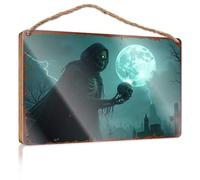Letrero de madera divertido con texto en inglés "Nightmare Moon: The Grim Reaper's Haunting Presence" (15 x 28 cm)