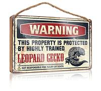 Letrero de madera divertido con texto en inglés «Warning This Property Is Protected By A Highly Trained Leopard Gecko, 15 x 28 cm)