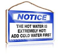 Letrero de madera grande con texto en inglés "Notice The Hot Water Is Extremely Hot!" Add Cold Water First, divertido letrero de madera (20 x 30 cm)