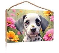 Letrero de madera para colgar en el baño, adorable dálmata en un jardín de flores, para puerta delantera, letreros de madera lisa para manualidades (20 x 30 cm)