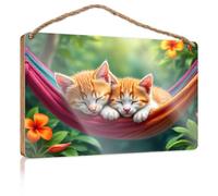Letrero de madera para colgar en el baño con dos lindos gatitos durmiendo en una hamaca, letrero de madera para puerta delantera, letreros de madera lisa para manualidades (23 x 35 cm)