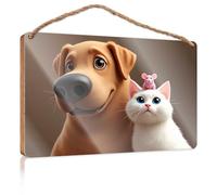 Letrero de madera para colgar en el baño, con texto en inglés "Adorable Friends: A Dog, Cat And Mouse Together", para puerta delantera, letreros de madera lisa para manualidades (20 x 30 cm)