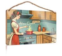 Letrero de madera para colgar en el baño con texto en inglés "Home Cooked: A Vintage Kitchen Scene with Warm Colors And Cozy At Wooded", decoración de puerta delantera de baño (15 x 28 cm)