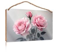 Letrero de madera para colgar en el baño con tres rosas rosas rosas en flor para puerta delantera, letreros de madera lisa para manualidades (23 x 35 cm)