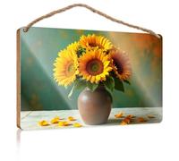 Letrero de madera para colgar en el baño, girasoles vibrantes en un jarrón rústico, para puerta delantera, letreros de madera lisa para manualidades (15 x 28 cm)