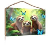 Letrero de madera para colgar en el baño, tres perezosos en una selva con mariposas azules, para puerta delantera, letreros de madera lisa para manualidades (23 x 35 cm)