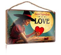 Letrero de madera para colgar en la pared del baño, con texto en inglés "Love as the Secret Ingredient: A Whimsical Witch's Journey" (15 x 28 cm)