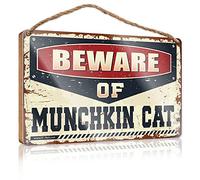 Letrero de madera para colgar en la pared, diseño de gato con texto en inglés "Beware Of Munchkin", letrero de puerta para el hogar, regalos para el hogar (23 x 35 cm)