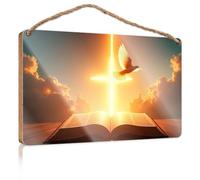 Letrero de madera para colgar en la pared, un libro abierto con una cruz brillante y paloma en el cielo, letreros de bar para el hogar, bar, no solocitar (15 x 28 cm)