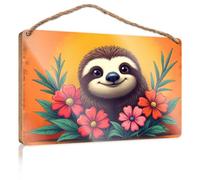 Letrero de madera para colgar en la puerta del hogar, perezoso con flores: una bonita escena de la naturaleza, para puerta delantera, dormitorio, accesorios de habitación (20 x 30 cm)