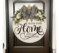 Letrero de madera para colgar en la puerta floral de primavera con mensaje BLESS THIS HOME para uso decorativo en exteriores e interiores (B)