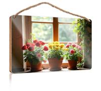 Letrero de madera para decoración de baño con tres rosas en maceta junto a la ventana, decoración exterior divertida (20 x 30 cm)