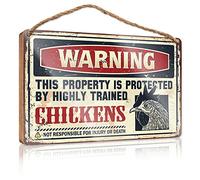 Letrero de madera para decoración de bar al aire libre, con texto en inglés "Warning This Property Is Protected By A Highly Trained Chicken1", divertido letrero de metal para beber (15 x 28 cm)