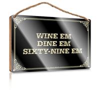 Letrero de madera para decoración de mesa de verano, acabado lacado y pared de oficina, no permitido, decoración de café para cocina, Wine Em Dine Em Sixty-nine Em