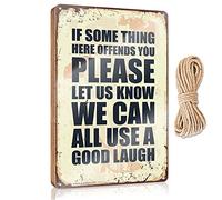 Letrero de madera para decoración de pared con texto en inglés "If Something Offends You Please Let Us Know We Can All Use A Good Lauaugh" para decoración de porche delantero de baño (23 x 35 cm)