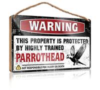 Letrero de madera para decoración de pared con texto en inglés "Warning This Property Is Protected By A Highly Trained Parrothead" (20 x 30 cm)