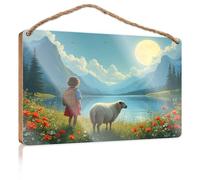 Letrero de madera para decoración de puerta de casa de campo con texto en inglés "Girl and Sheep by The Lake Under A Full Moon" (20 x 30 cm)