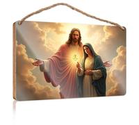 Letrero de madera para decoración de puerta de casa de campo, Jesús y María en gloria celestial, decoración de baño, decoración de puerta delantera, diciembre (20 x 30 cm)