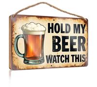 Letrero de madera para decoración de puerta de granja con texto en inglés "Hold My Beer, Watch This: A Beer Mug Adventure" (15 x 28 cm)