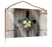 Letrero de madera para decoración de puerta de granja, cruz con flores en puerta de madera, letrero de decoración de baño de granja para puerta delantera, 15 x 28 cm