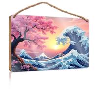 Letrero de madera para decoración de puerta de granja, flores de cerezo y olas al atardecer, decoración de baño de granja para puerta delantera, diciembre (20 x 30 cm)