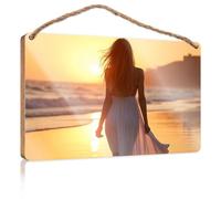 Letrero de madera para decoración de puerta de granja, puesta de sol, serenidad: un paseo en la playa, suave, decoración de baño, puerta delantera, 15 x 28 cm