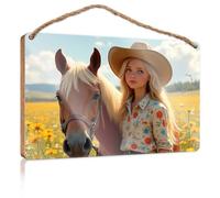 Letrero de madera para decoración de puerta de granja, sueños florales: una mujer con su caballo en un campo de flores, letrero de madera para decoración de baño, puerta delantera, diciembre (15 x 28