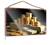 Letrero de madera para el hogar Golden Wealth: A Stash Of Precious Coins And Cash Wooded Sign - Decoración de pared al aire libre (15 x 28 cm)