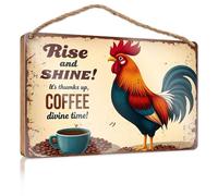 Letrero de madera para pared de baño con texto en inglés "Rise And Shine! It's Thumbc Up, Coffee Divine Time! Decoración divertida para el hogar (15 x 28 cm)