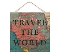 Letrero de madera para pared Travel The World Geographical Distribution Estableced, letrero de madera de 12 x 12 pulgadas, diseño de mapa del mundo antiguo, decoración de pared, letreros de madera