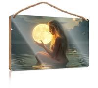 Letrero de madera para porche delantero, luna llena en las manos de una mujer, letrero grande para decoración de habitación independiente (15 x 28 cm)