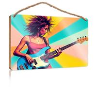 Letrero de madera para puerta con texto en inglés "A Woman Playing A Blue Bass Guitar Against A Colorful Back" (20 x 30 cm)