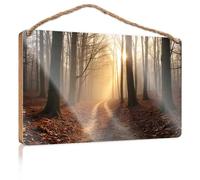 Letrero de madera para puerta de invierno, amanecer en el bosque otoñal, regalos de verano (15 x 28 cm)