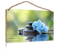 Letrero de madera para puerta de invierno, orquídea azul y piedras negras en la naturaleza, regalos de verano (23 x 35 cm)