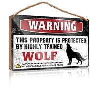 Letrero de madera para puerta delantera, divertido letrero de madera con texto en inglés "Warning This Property Is Protected By A Highly Trained Wolf" (20 x 30 cm)