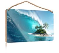Letrero de madera para puerta, isla tropical con palmeras bajo una ola gigante, letrero de madera divertido para decoración de pared, letreros de bar para decoración del hogar (23 x 35 cm)
