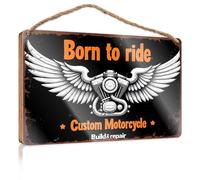 Letrero de madera personalizado para motocicleta: Born To Ride, Build & Repair - Letrero de bienvenida de madera para hombre pequeño (23 x 35 cm)