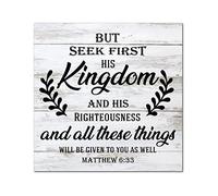 Letrero de madera retro con texto en inglés "But Seek First His Kingdom and His Righteousness" para pared, decoración de madera, para dormitorio, cocina, sala de estar, mesa, 12 x 12 pulgadas