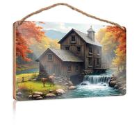 Letrero de madera rústica Autumn Serenity: A Rustic Mill By The River, letrero de madera para decoración de porche al aire libre (15 x 28 cm)
