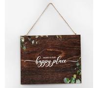 Letrero de madera rústica con texto en inglés «Home Is Our Happy Place», decoración de pared para puerta delantera, escritura, obras de arte, letreros de madera positivos, decoración de pared para