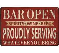 Letrero de metal "Bar abierto" con la frase "Servimos con orgullo lo que traigas". Divertido letrero vintage de metal para decoración de pared, póster de hierro para bar en casa, pub, patio trasero,
