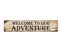 Letrero de metal "Bienvenido a nuestra aventura", letreros vintage, letreros retro de hojalata, letrero de aluminio para cocina, hogar, jardín, pared, bar, cafetería, decoración de 4 x 16 pulgadas