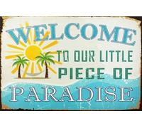 Letrero De Metal Bienvenidos A Nuestro Pequeño Pedazo De Paraíso Bienvenidos Divertido Placas Metálicas Vendimia Letrero Metálico para Taberna Hotel Aseo 20X30Cm