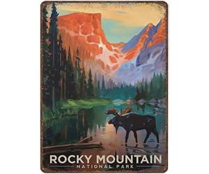 Letrero de metal, cartel de metal de Rocky Mountain National Park Moose In Morning Tin Sign, póster de viaje para decoración de pared, cartel de metal de 8 x 12 pulgadas