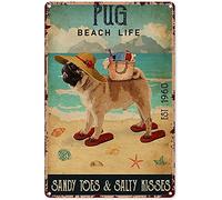 Letrero de metal con diseño de animales de 8 x 12 pulgadas para niños, carlino, vida en la playa, dedos de arena, besos salados, letrero de metal de estaño, arte de pared, divertido póster de metal